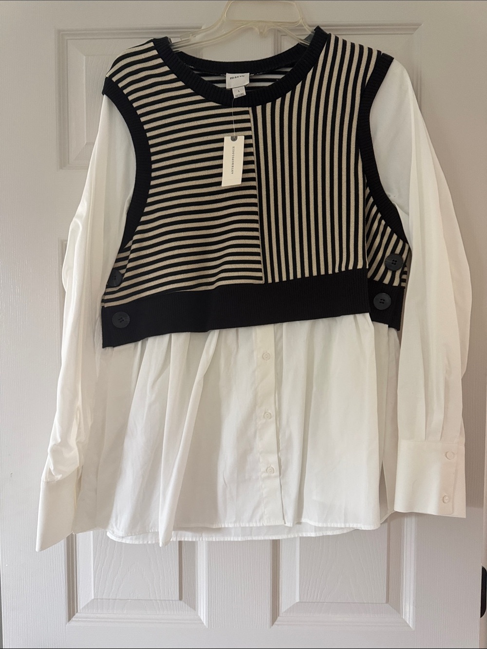 NWT Maeve Black & Cream Striped Knit Vest Over White Button-Down